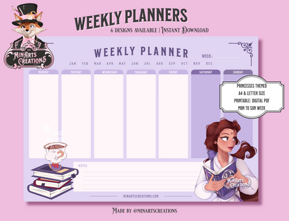 Agenda hebdomadaire imprimable et numérique - Thème Princesses